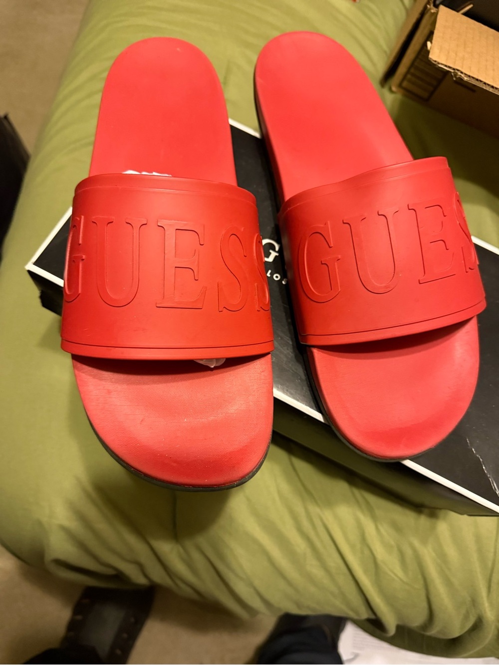 Guess Red Logo Slide Sandals - Embossed Strap